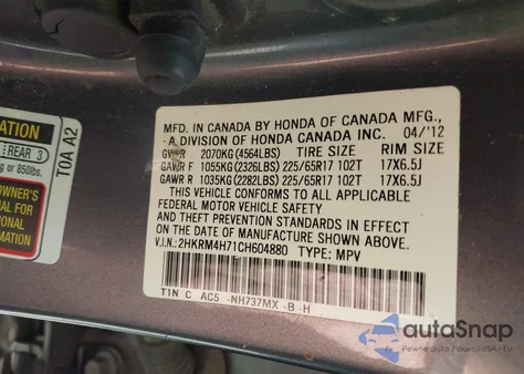 2012 Honda Cr-V Ex-L from USA, damaged, VIN 2HKRM4H71CH604880